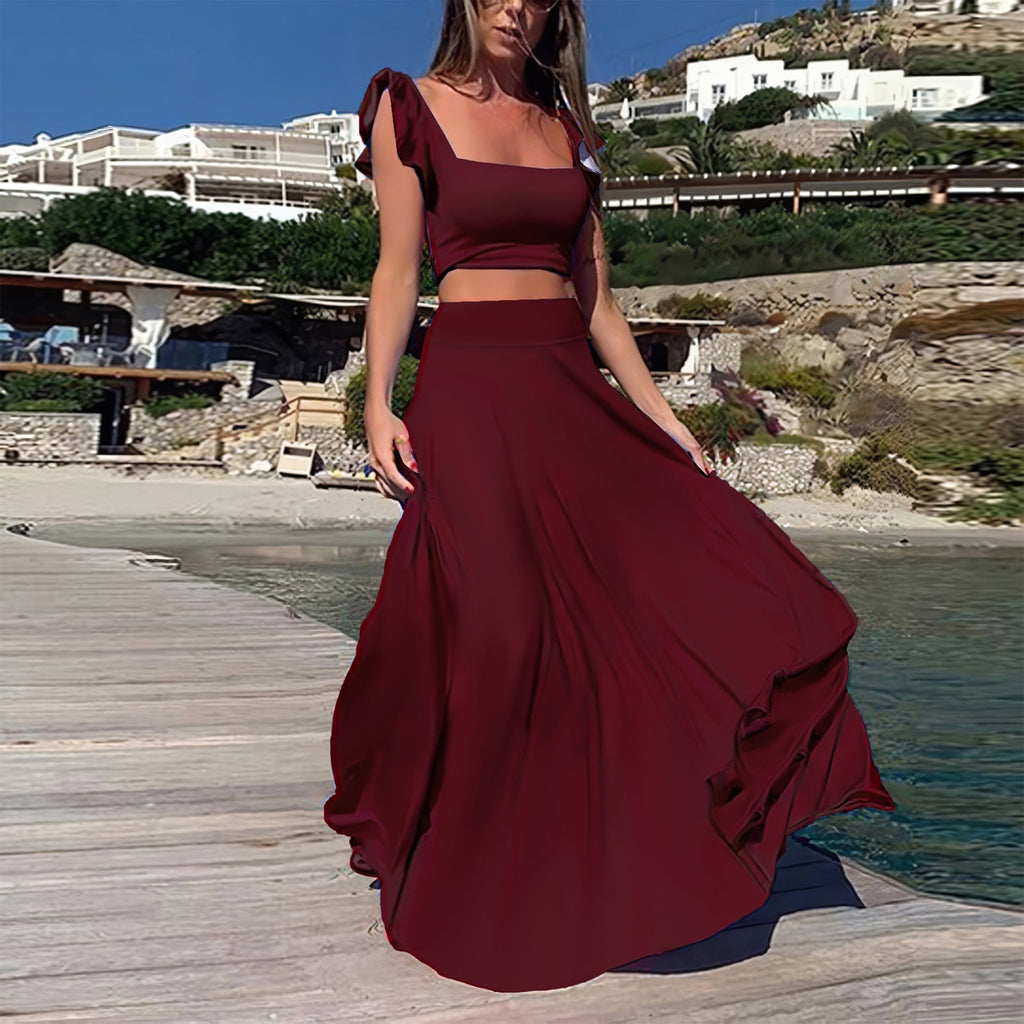 Solid color long skirt two-piece set
