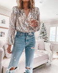 Sophisticated  V-Neck Long Sleeved Sequin Top