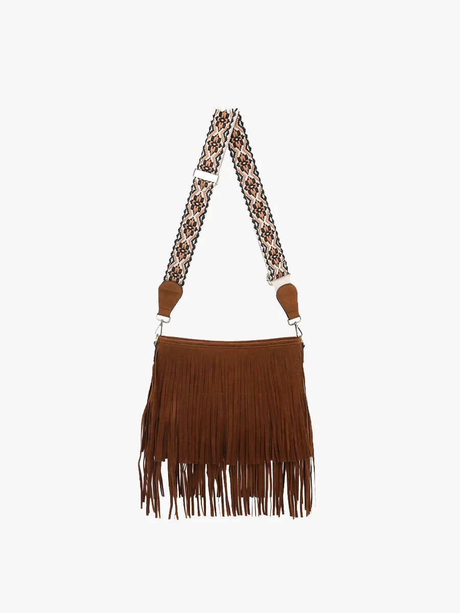 Sadie Dark Brown Suede Fringe Crossbody w/ Guitar Strap Purse