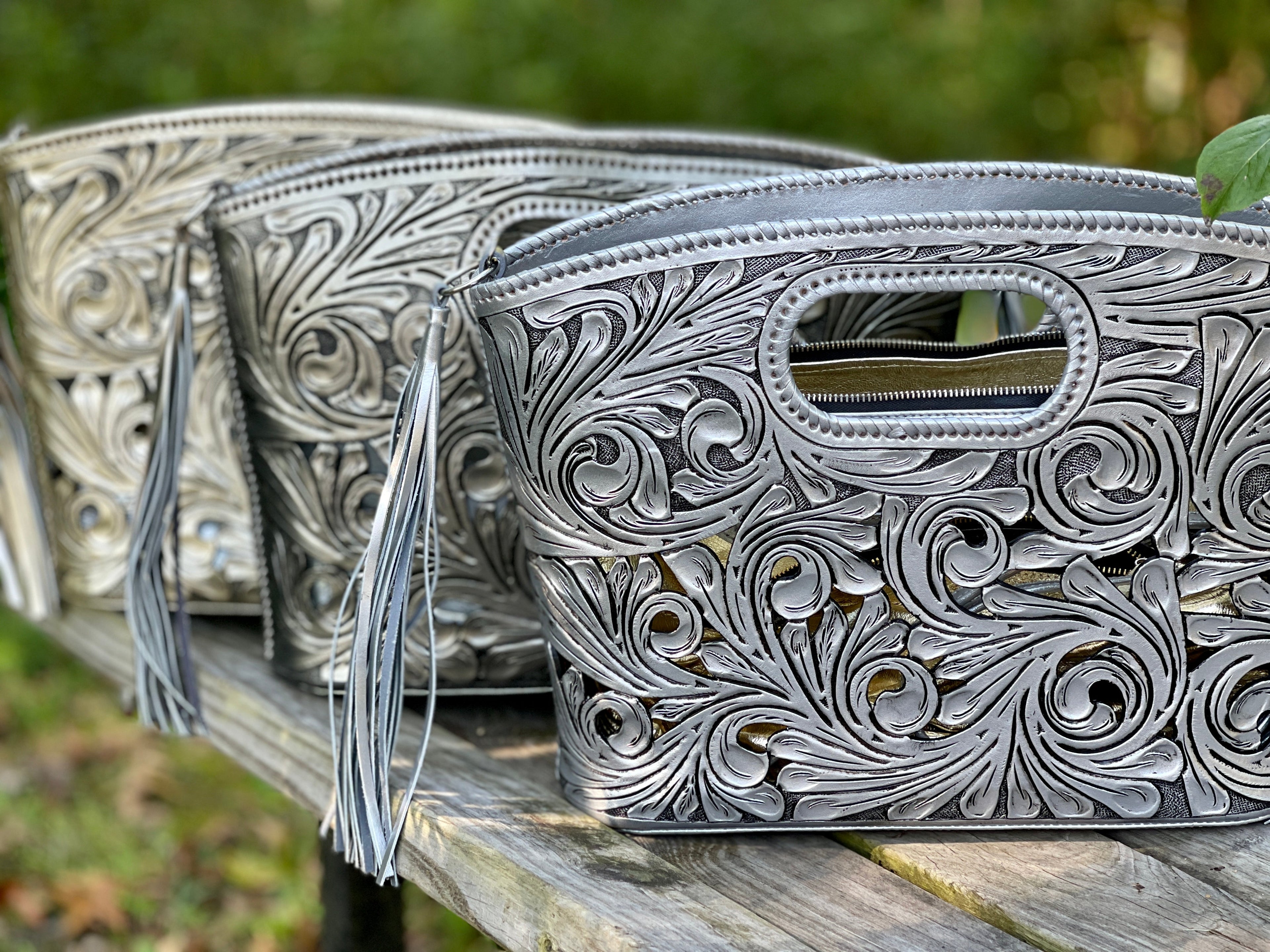 Hand CUT-OUT Tooling Leather Tote "TUBO" by ALLE, more Colors