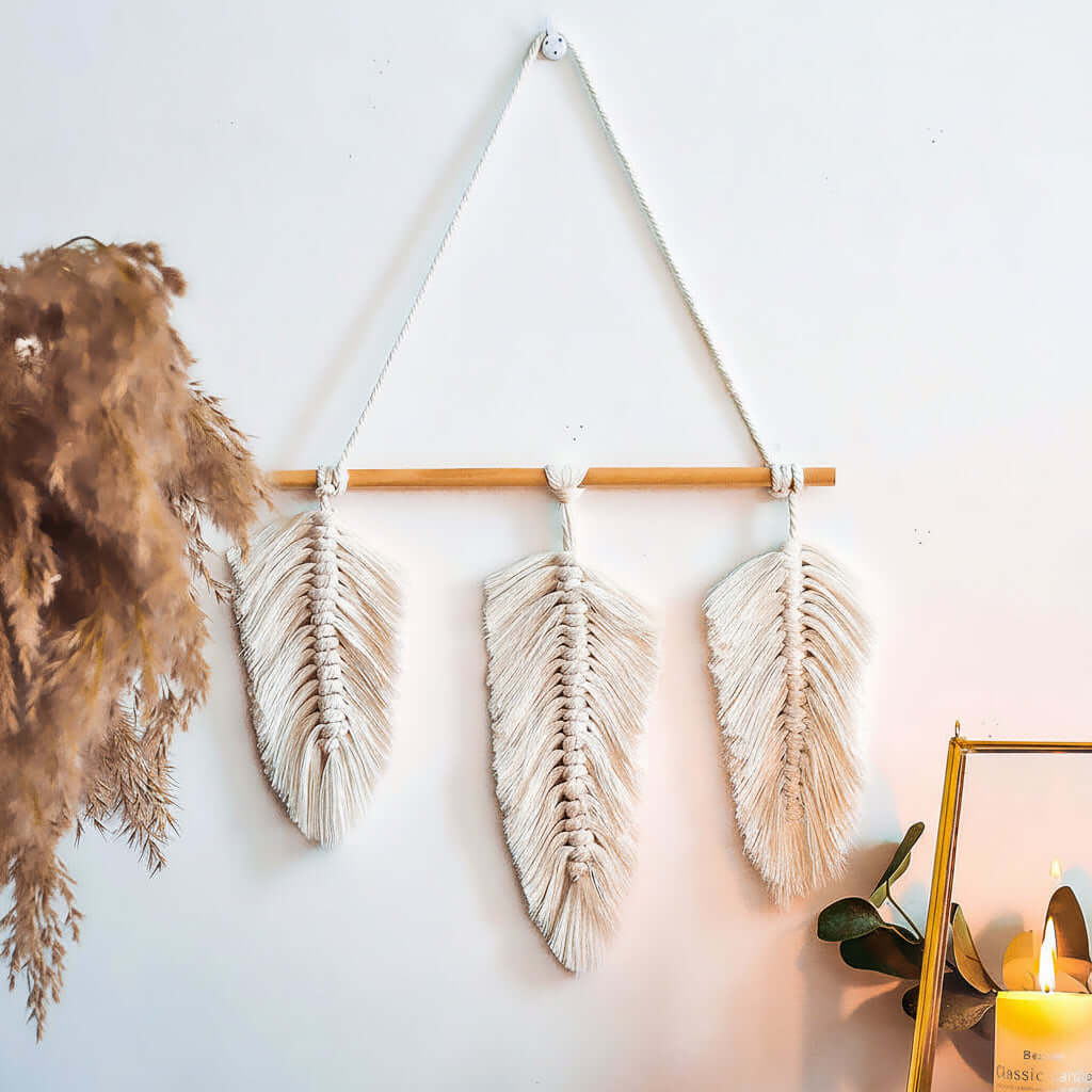 Nordic Boho Woven Wall Hanging – Cotton Macrame Decor with Leaf & Crescent Design