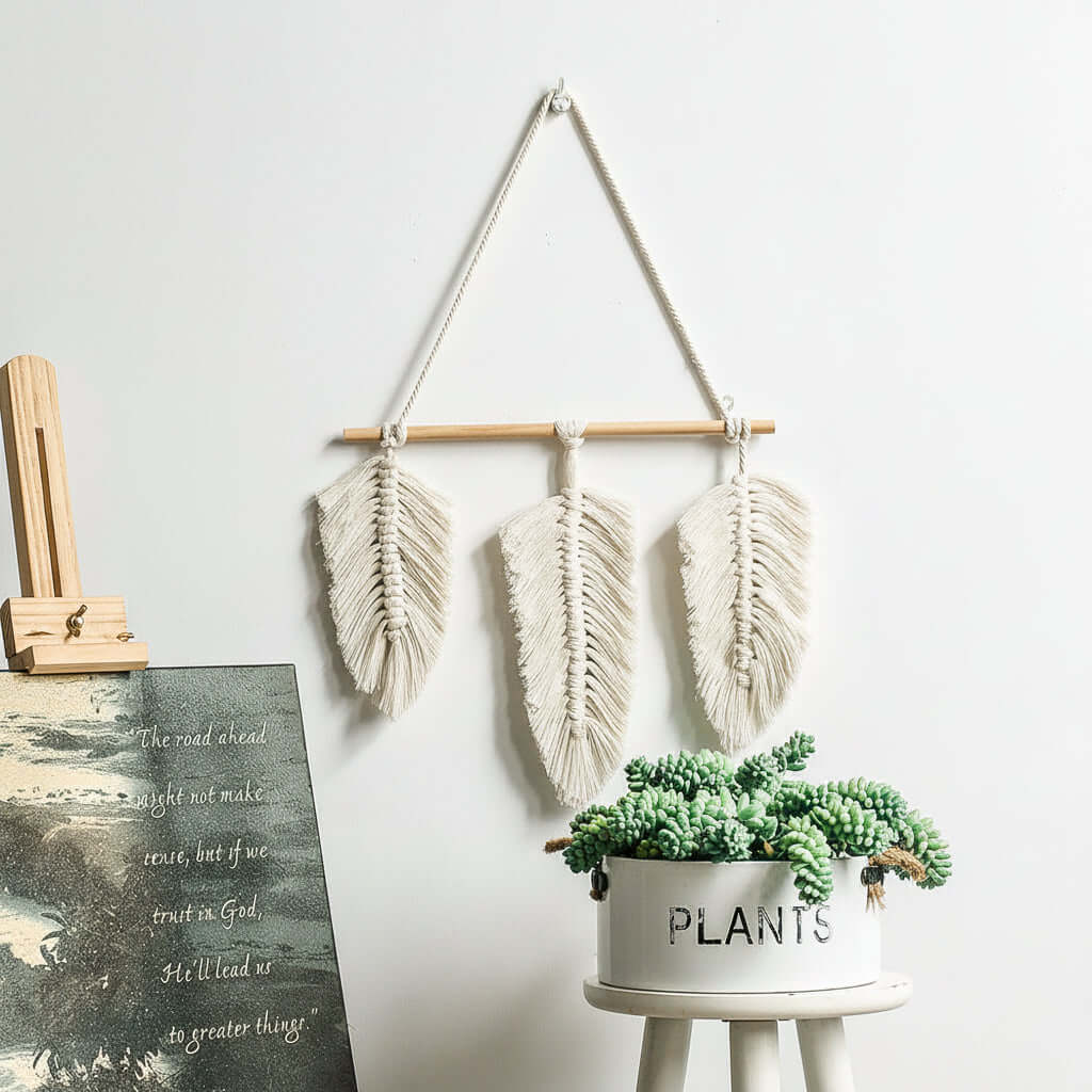 Nordic Boho Woven Wall Hanging – Cotton Macrame Decor with Leaf & Crescent Design