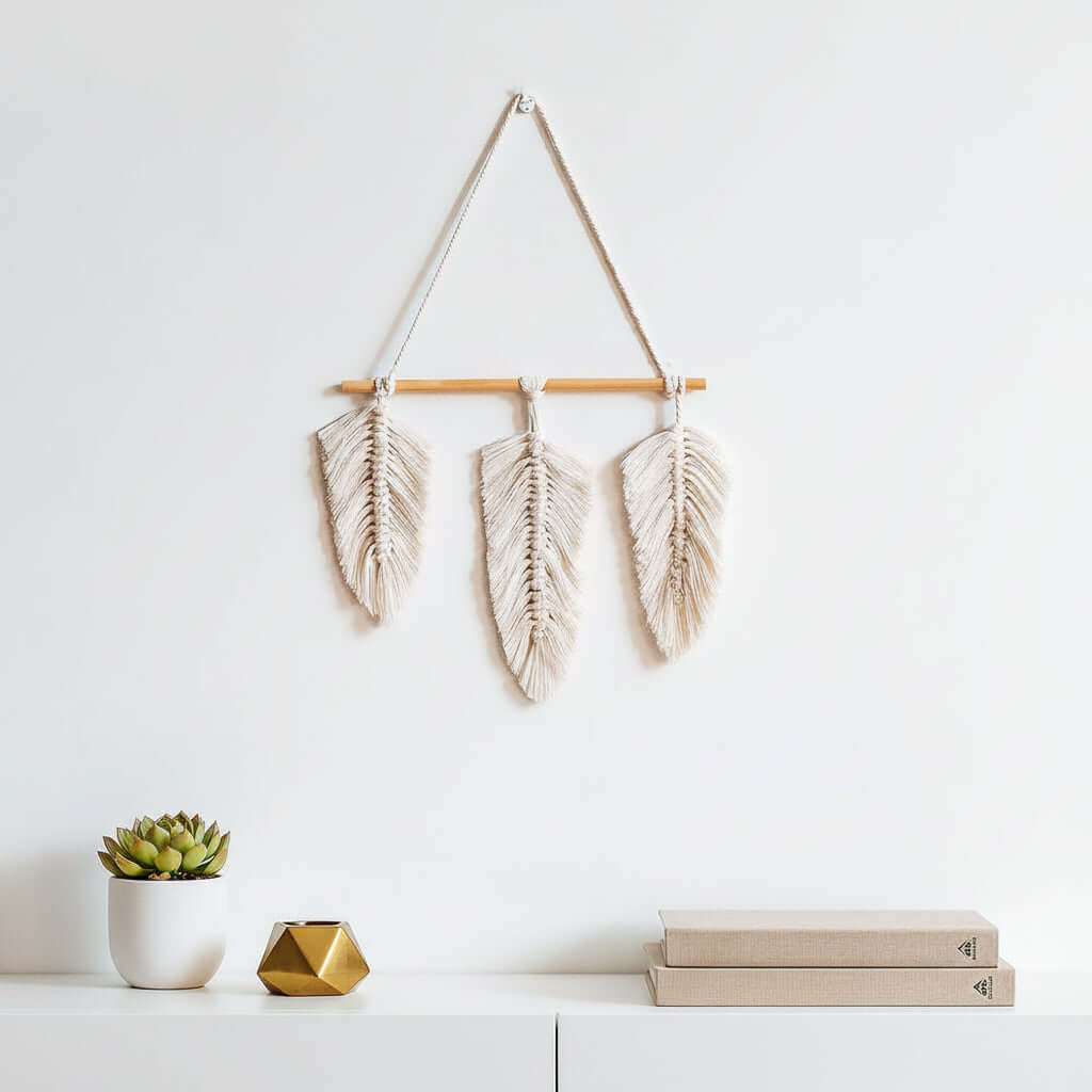 Nordic Boho Woven Wall Hanging – Cotton Macrame Decor with Leaf & Crescent Design
