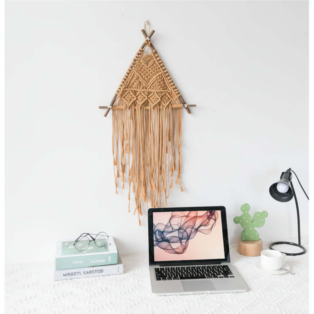 Nordic Macrame Wall Hanging – Boho Cotton Rope Tapestry with Wooden Branch