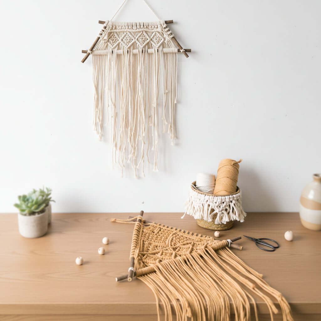 Nordic Macrame Wall Hanging – Boho Cotton Rope Tapestry with Wooden Branch