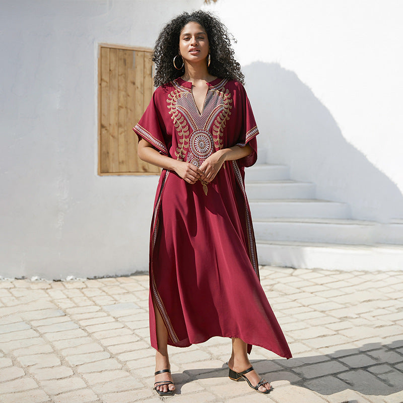 Rayon Embroidered Maxi Dress Women Embroidered Vacation Loose Beach Jacket Maxi Dress Beach Cover Up