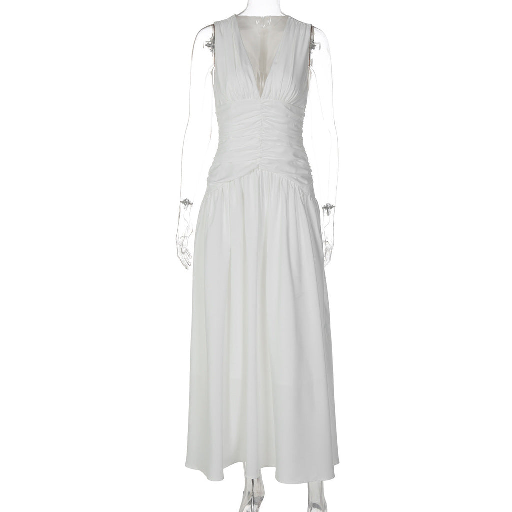 French Sexy V Neck Waist Cinching Pleated A Line Long Elegant Women Dress