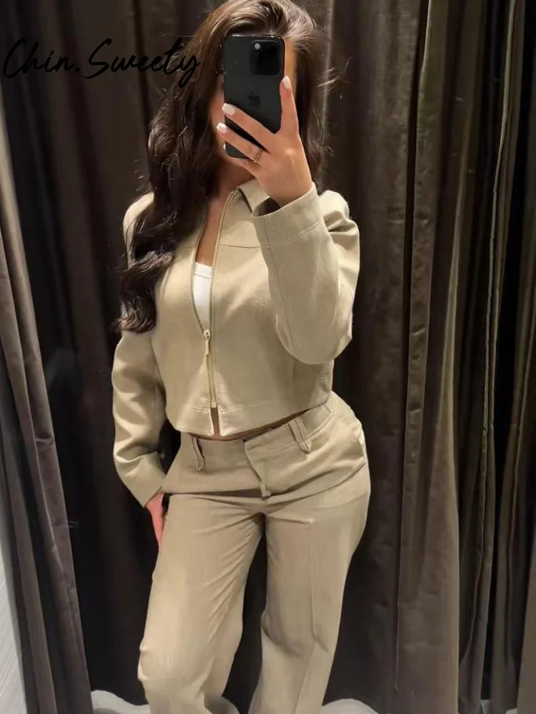 Loose Coat Pant Sets Women Elegant Button Long Sleeve Jacket Zipper Pleated Straight Trousers 2026 Spring Autumn Lady Outfit