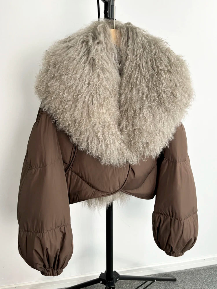 Janveny Luxury Natural Real Mongolian Sheep Fur 2024 Winter Female Short Feather Puffer Coat For Women 90% Duck Down Parkas