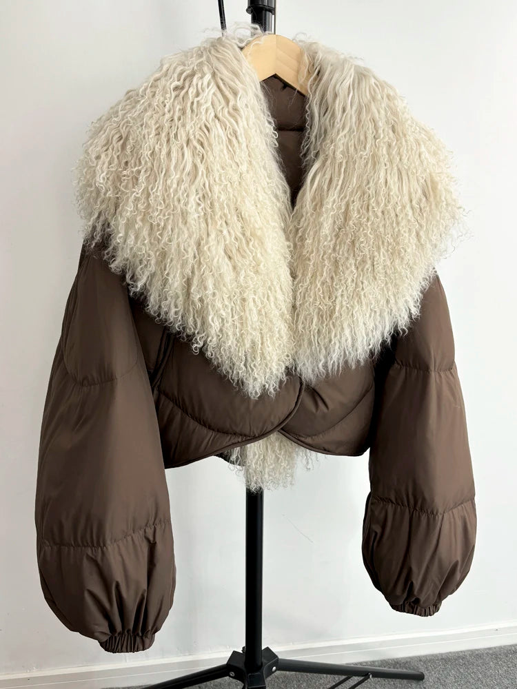 Janveny Luxury Natural Real Mongolian Sheep Fur 2024 Winter Female Short Feather Puffer Coat For Women 90% Duck Down Parkas