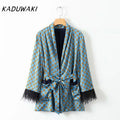 KADUWAKI Spring Summer Women's Set Sunc Loose Blue Printed Kimono Jacket Feather Sleeves Wide Leg Pants 2 Piece Vintage Clothing