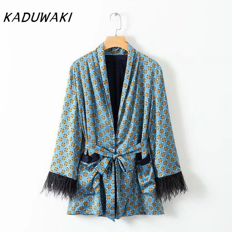 KADUWAKI Spring Summer Women's Set Sunc Loose Blue Printed Kimono Jacket Feather Sleeves Wide Leg Pants 2 Piece Vintage Clothing