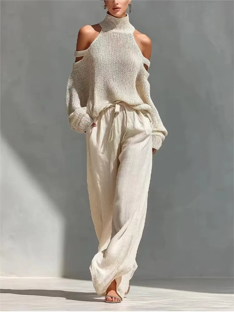 Fashion High Collar Sexy Hollow Off-shoulder Women's Knitted Tops 2-piece Set Spring Casual Loose Wide-leg Trousers Female Suit