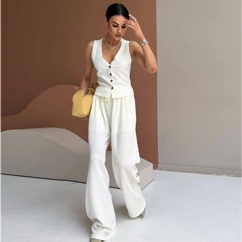 MUJER Women's Pants Sets Textured High Waist Pants Sets for Women 2 Pieces Sleeveless Vest Woman Outfit Lady Sets Women's Suits