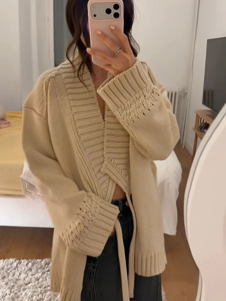 Chic V-neck Knitted Lace-up Women Cardigan Elegant Solid Full Sleeve Loose Cropped Sweater 2026 Lady Commute Office Cardigans