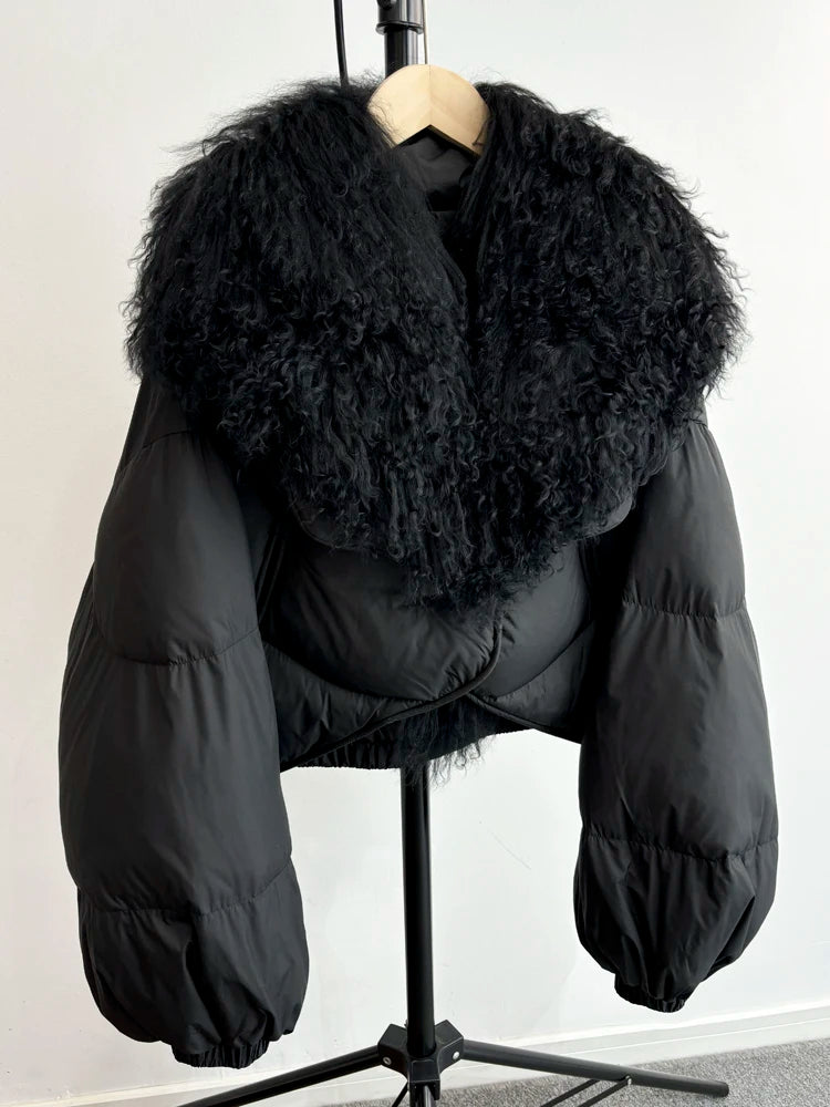 Janveny Luxury Natural Real Mongolian Sheep Fur 2024 Winter Female Short Feather Puffer Coat For Women 90% Duck Down Parkas