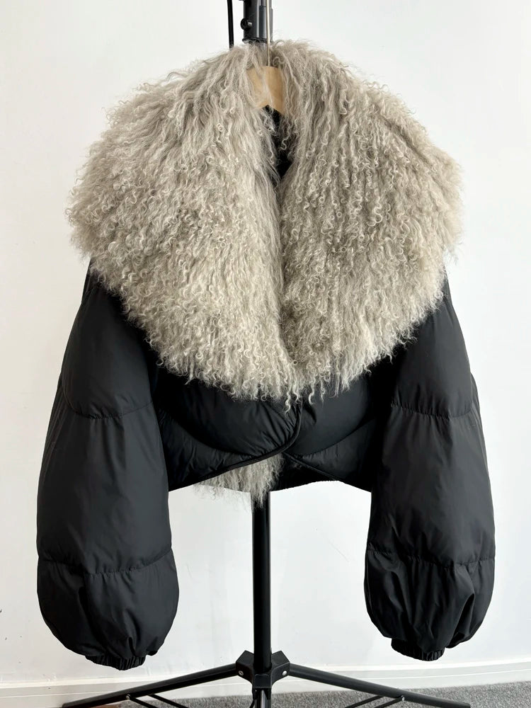 Janveny Luxury Natural Real Mongolian Sheep Fur 2024 Winter Female Short Feather Puffer Coat For Women 90% Duck Down Parkas