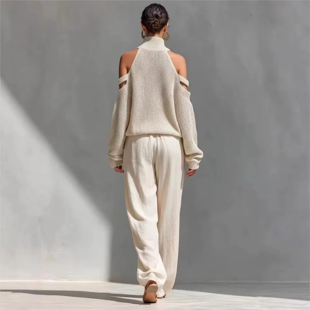 Fashion High Collar Sexy Hollow Off-shoulder Women's Knitted Tops 2-piece Set Spring Casual Loose Wide-leg Trousers Female Suit