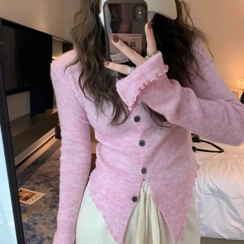 Irregular Knitting Cardigan Women Spring Autumn Flare Sleeve Ruched Solid Sweaters Design Flattering Waist Simple Commuting Chic