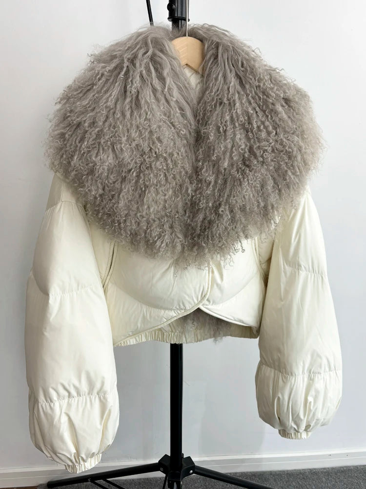 Janveny Luxury Natural Real Mongolian Sheep Fur 2024 Winter Female Short Feather Puffer Coat For Women 90% Duck Down Parkas