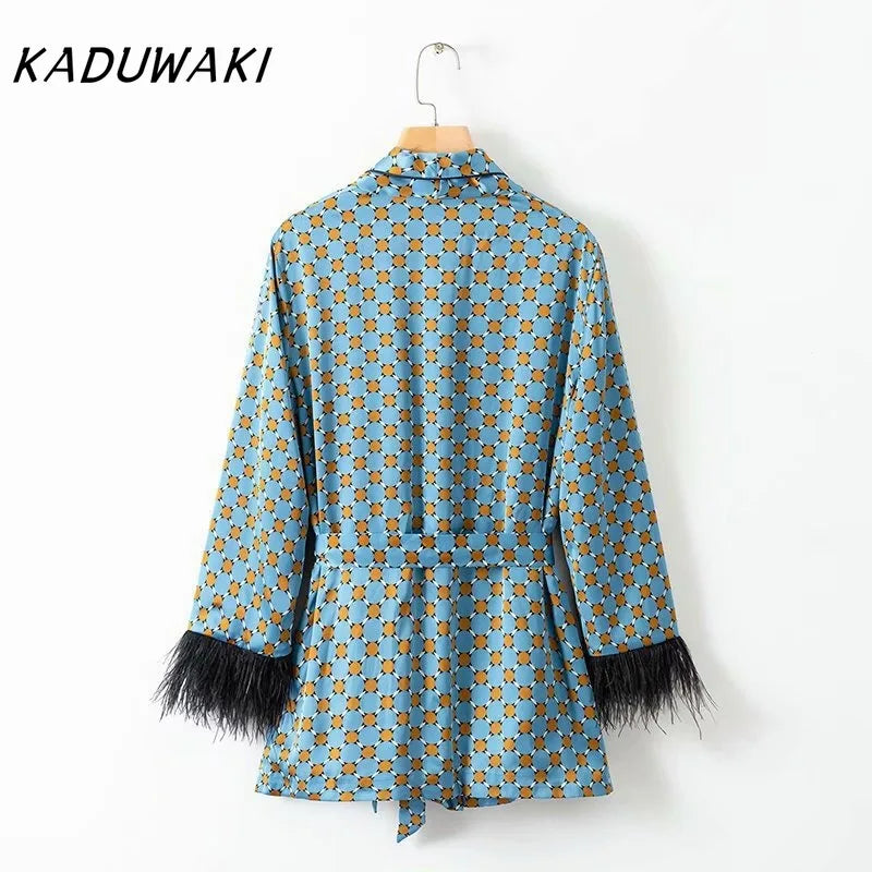 KADUWAKI Spring Summer Women's Set Sunc Loose Blue Printed Kimono Jacket Feather Sleeves Wide Leg Pants 2 Piece Vintage Clothing