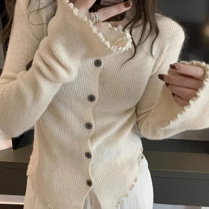 Irregular Knitting Cardigan Women Spring Autumn Flare Sleeve Ruched Solid Sweaters Design Flattering Waist Simple Commuting Chic