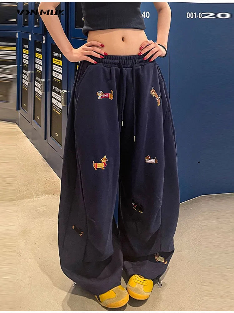 High Street Embroidered Sausage Dog Pants Women's Loose Straight Leg Comfort Sweatpants 2025 New Autumn Winter Casual Pants