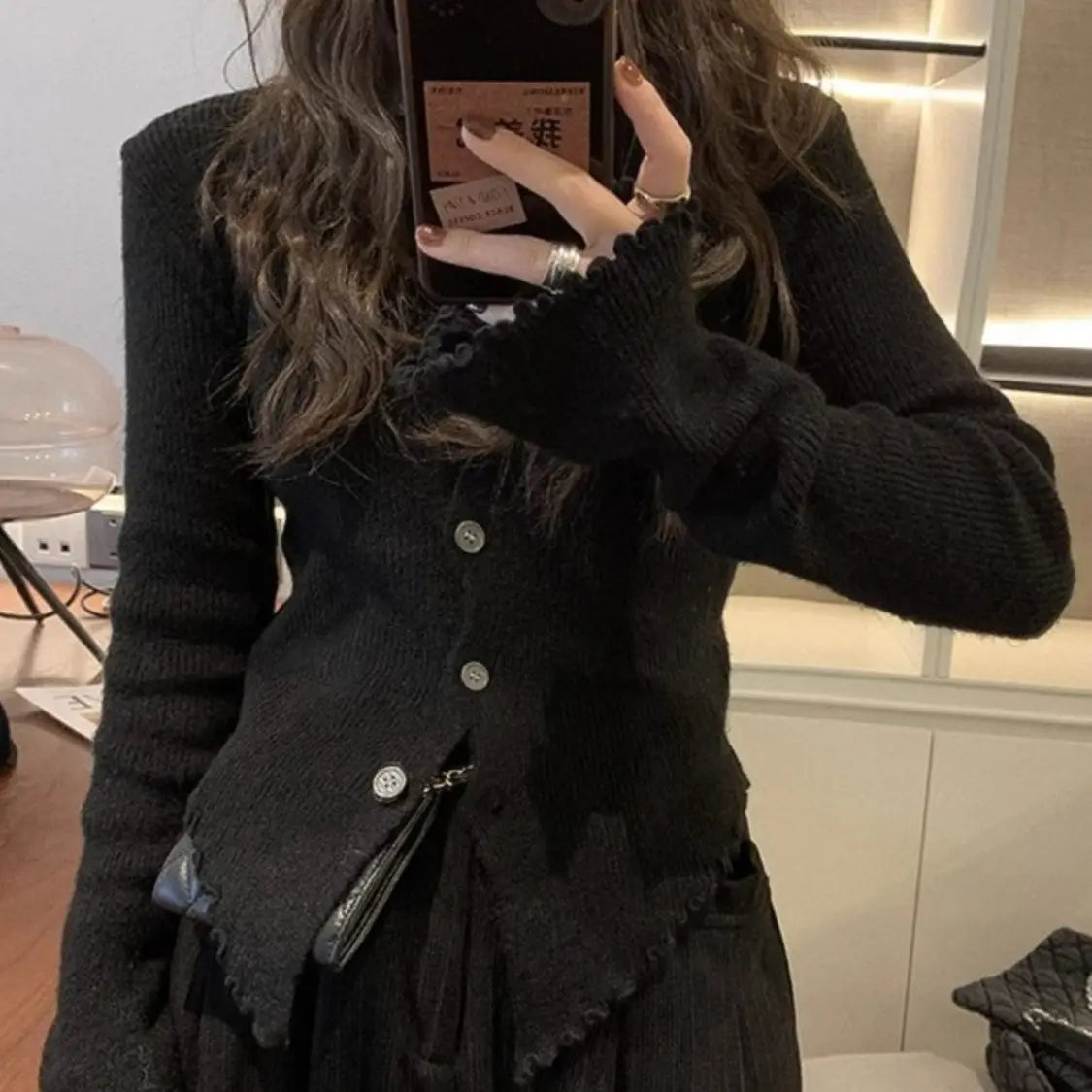 Irregular Knitting Cardigan Women Spring Autumn Flare Sleeve Ruched Solid Sweaters Design Flattering Waist Simple Commuting Chic