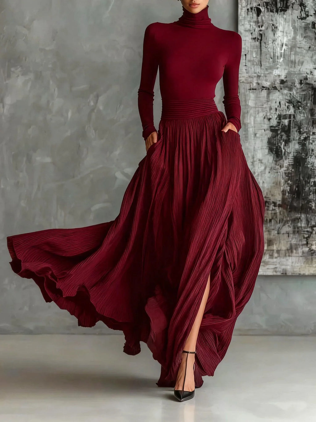 Autumn Long Sleeve Turtleneck Top Pullover+Maxi Skirts 2 Pieces Sets Slim Gentle Style Solid Elegant Suit Fashion Woman Outfits