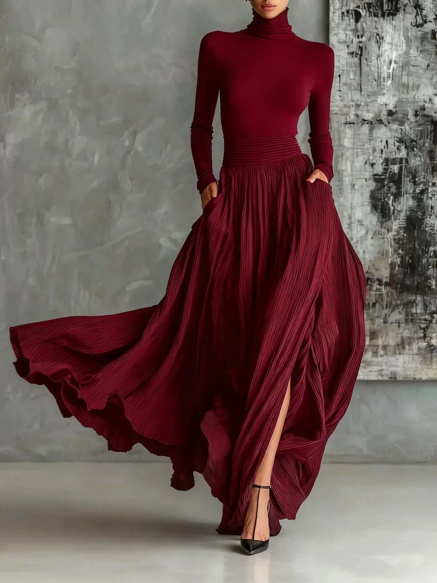 Autumn Long Sleeve Turtleneck Top Pullover+Maxi Skirts 2 Pieces Sets Slim Gentle Style Solid Elegant Suit Fashion Woman Outfits