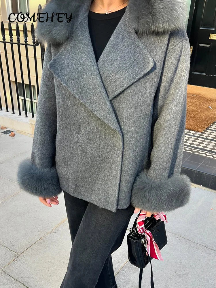Winter Warm Fur Spliced Woolen Coat Women Loose Lapel Long Sleeve Solid Female Jacket 2025 Autumn New Lady Elegant Outwear