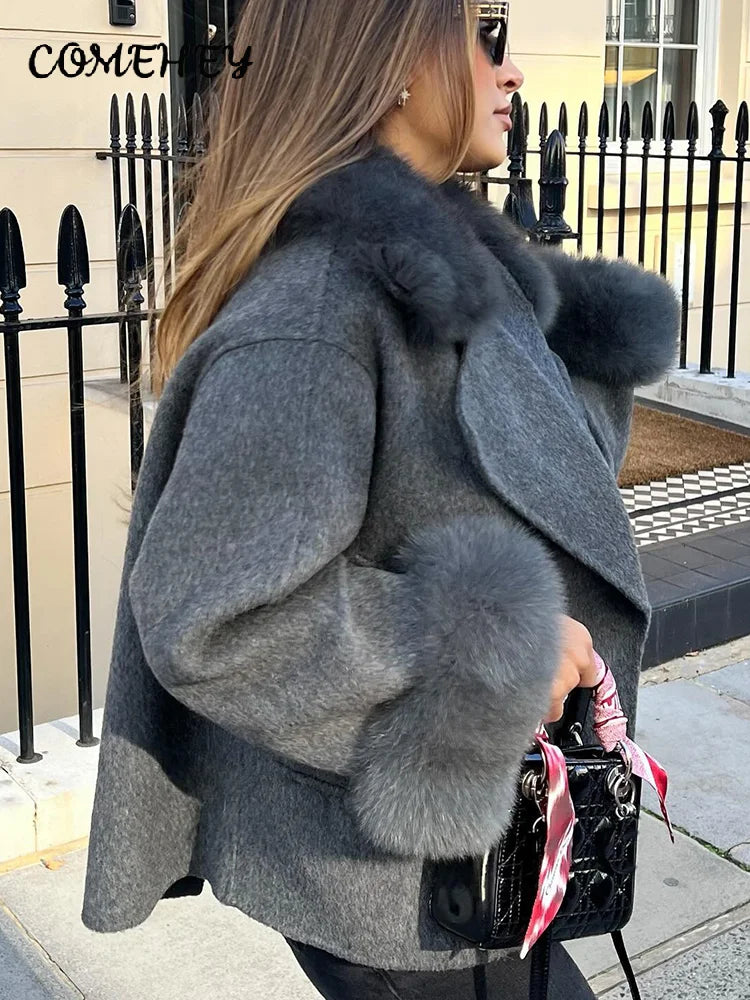 Winter Warm Fur Spliced Woolen Coat Women Loose Lapel Long Sleeve Solid Female Jacket 2025 Autumn New Lady Elegant Outwear