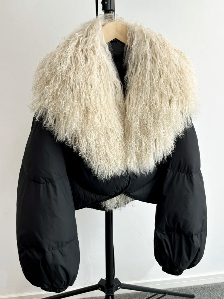 Janveny Luxury Natural Real Mongolian Sheep Fur 2024 Winter Female Short Feather Puffer Coat For Women 90% Duck Down Parkas