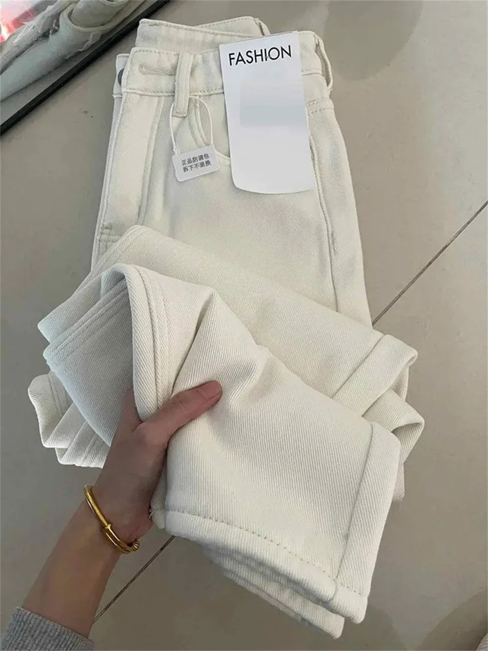 Winter Warm White High Waisted Denim Jeans Women Straight Leg Retro Wide Leg Denim Pants Cord Velvet Casual Slim Denim Trousers