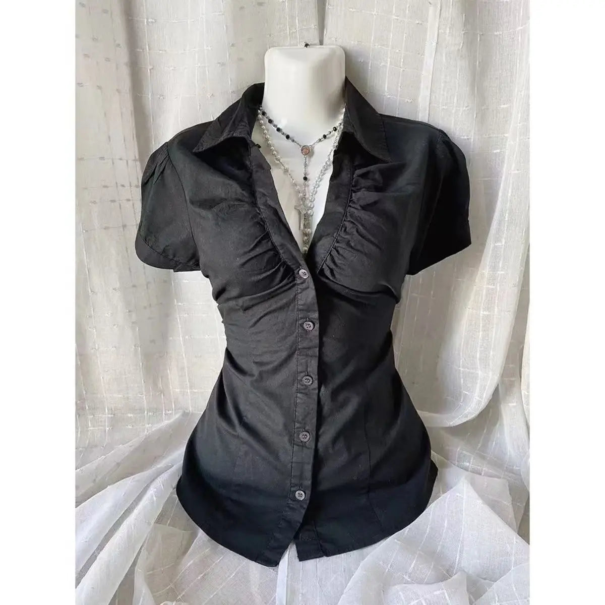 Gagarich 2026 Oversized Japanese Vintage Black V-neck Shirt Women Retro Style Featuring Slimming Waist Versatile Top Girl