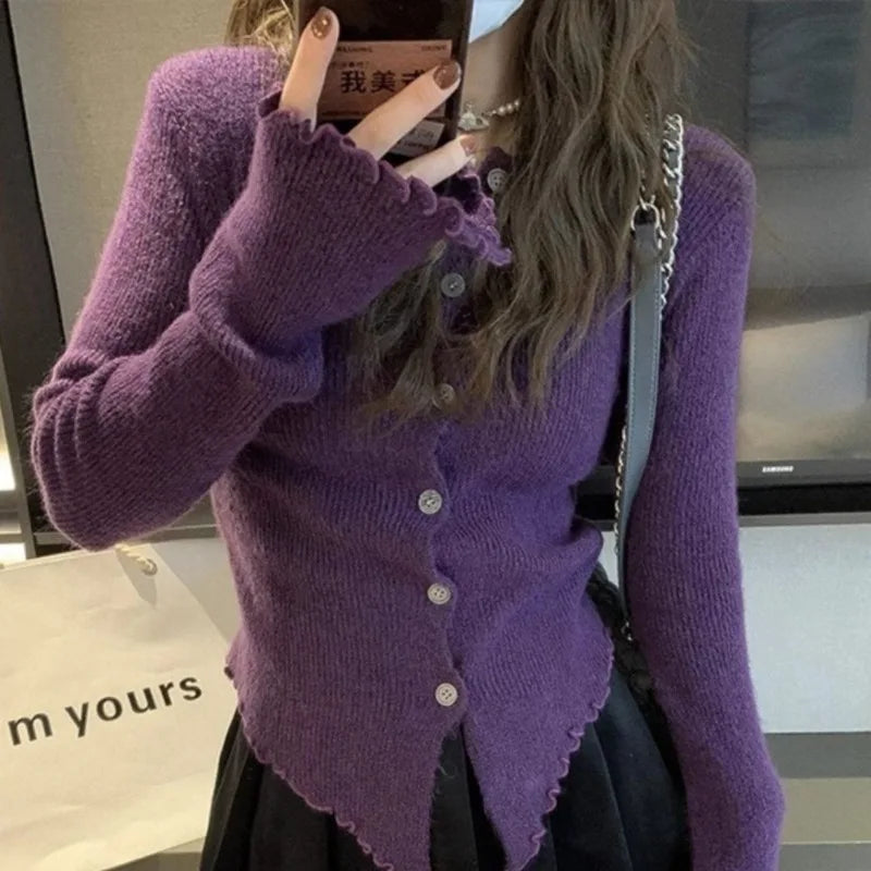Irregular Knitting Cardigan Women Spring Autumn Flare Sleeve Ruched Solid Sweaters Design Flattering Waist Simple Commuting Chic