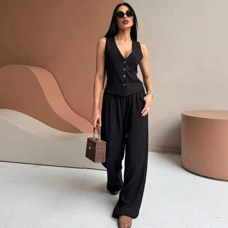 MUJER Women's Pants Sets Textured High Waist Pants Sets for Women 2 Pieces Sleeveless Vest Woman Outfit Lady Sets Women's Suits