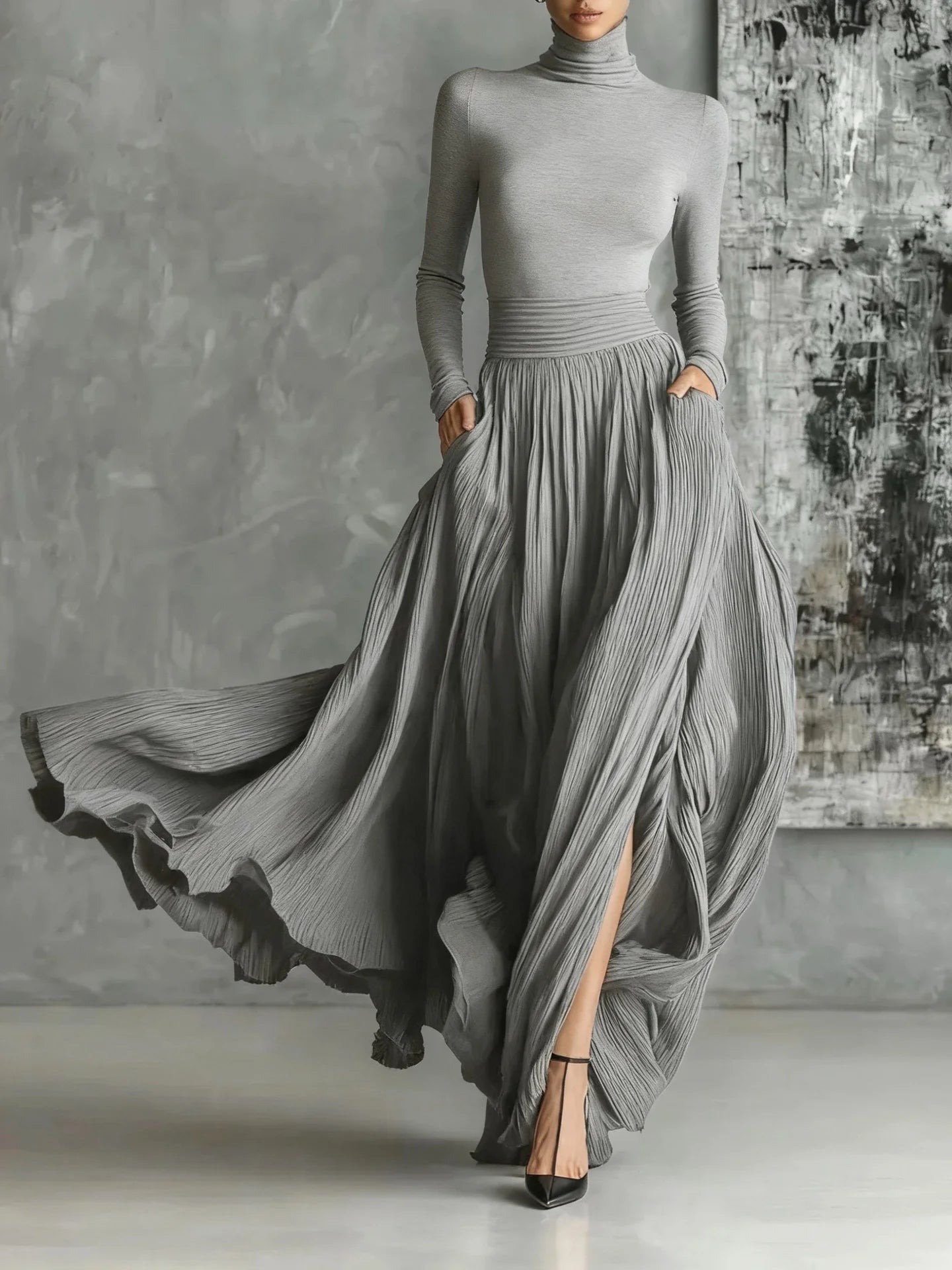 Autumn Long Sleeve Turtleneck Top Pullover+Maxi Skirts 2 Pieces Sets Slim Gentle Style Solid Elegant Suit Fashion Woman Outfits