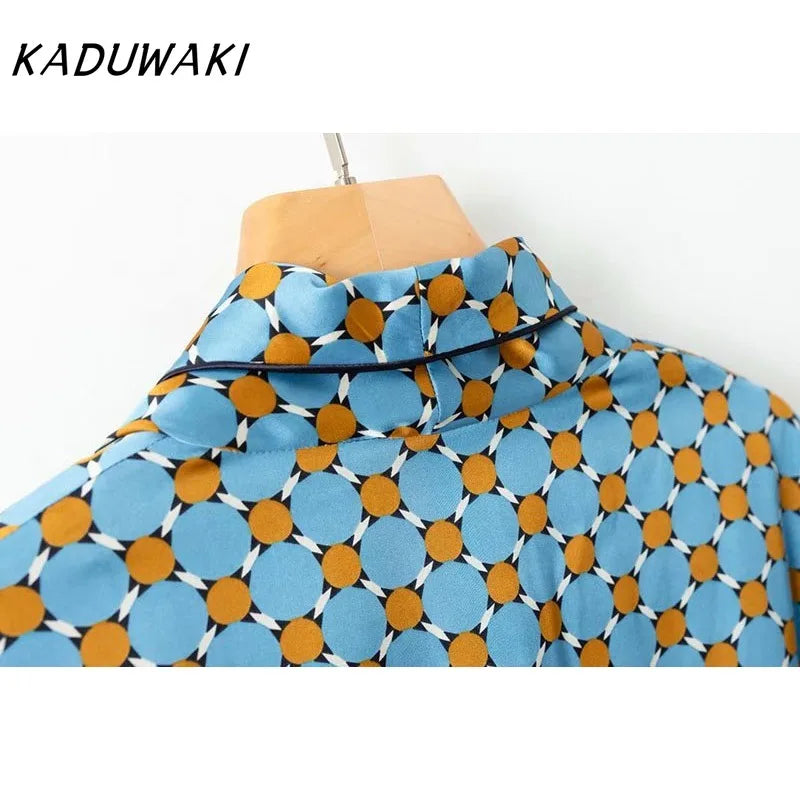KADUWAKI Spring Summer Women's Set Sunc Loose Blue Printed Kimono Jacket Feather Sleeves Wide Leg Pants 2 Piece Vintage Clothing