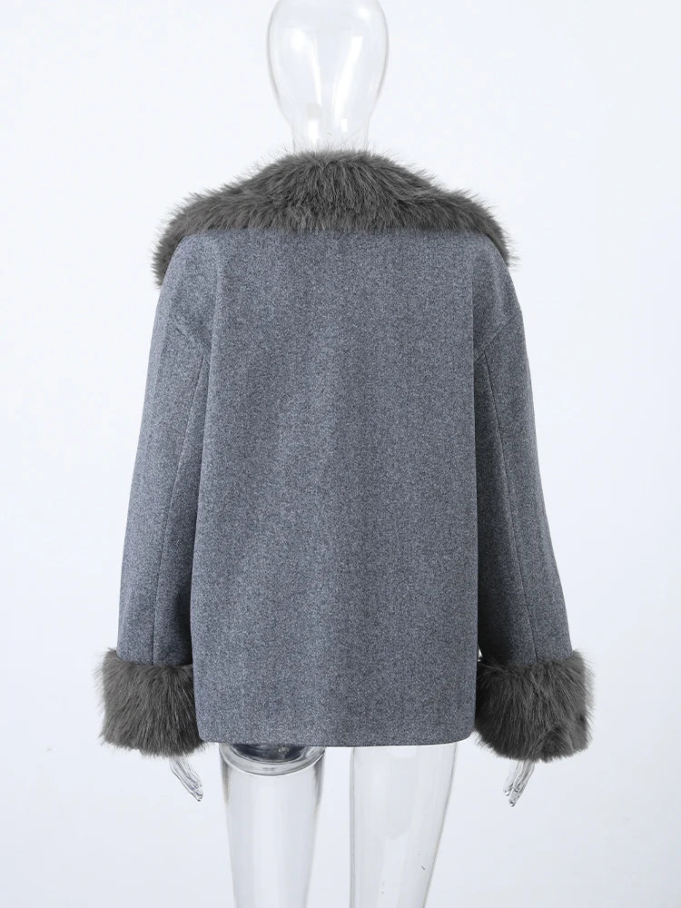 Winter Warm Fur Spliced Woolen Coat Women Loose Lapel Long Sleeve Solid Female Jacket 2025 Autumn New Lady Elegant Outwear