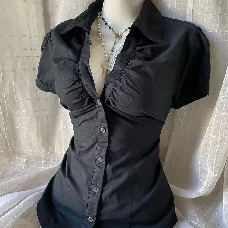 Gagarich 2026 Oversized Japanese Vintage Black V-neck Shirt Women Retro Style Featuring Slimming Waist Versatile Top Girl