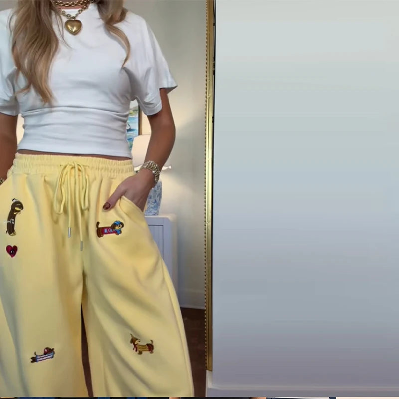 High Street Embroidered Sausage Dog Pants Women's Loose Straight Leg Comfort Sweatpants 2025 New Autumn Winter Casual Pants