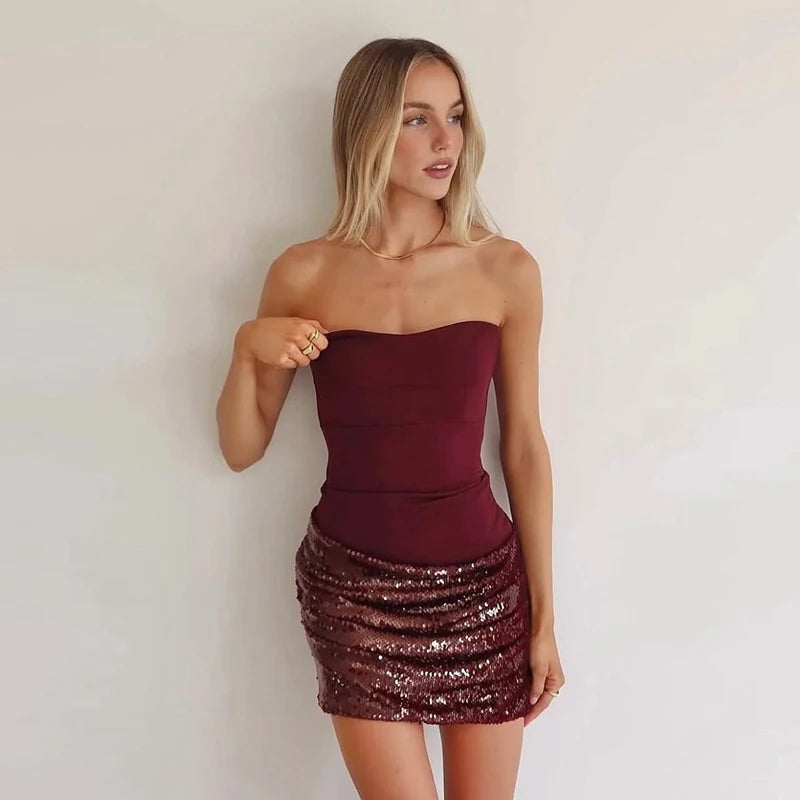 Sequins Splicing Strapless Dress Women Sexy Sleeveless Backless Bodycon Short Party Dresses 2026 Chic Lady Christmas Gowns