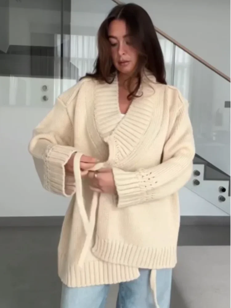 Chic V-neck Knitted Lace-up Women Cardigan Elegant Solid Full Sleeve Loose Cropped Sweater 2026 Lady Commute Office Cardigans