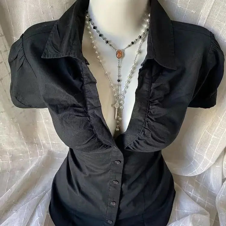 Gagarich 2026 Oversized Japanese Vintage Black V-neck Shirt Women Retro Style Featuring Slimming Waist Versatile Top Girl