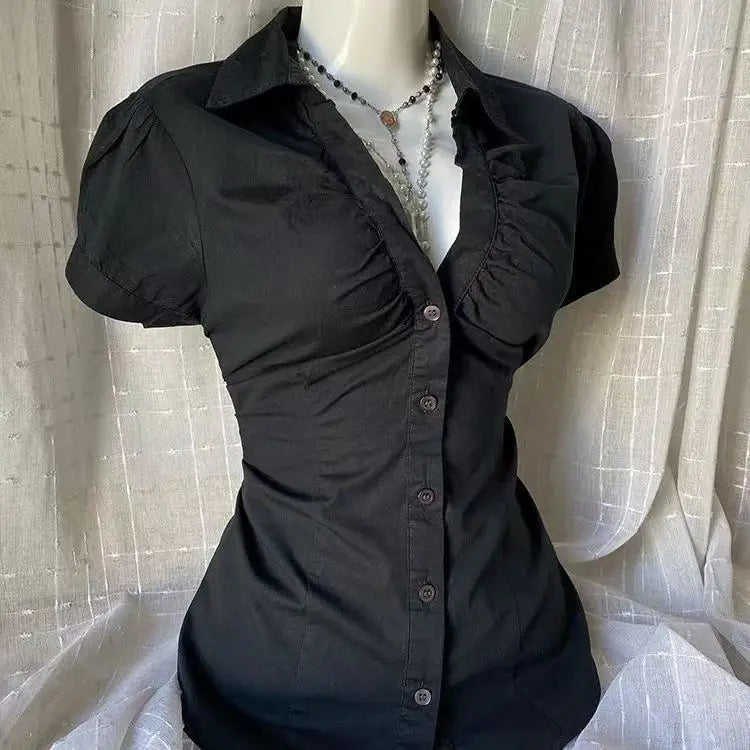 Gagarich 2026 Oversized Japanese Vintage Black V-neck Shirt Women Retro Style Featuring Slimming Waist Versatile Top Girl