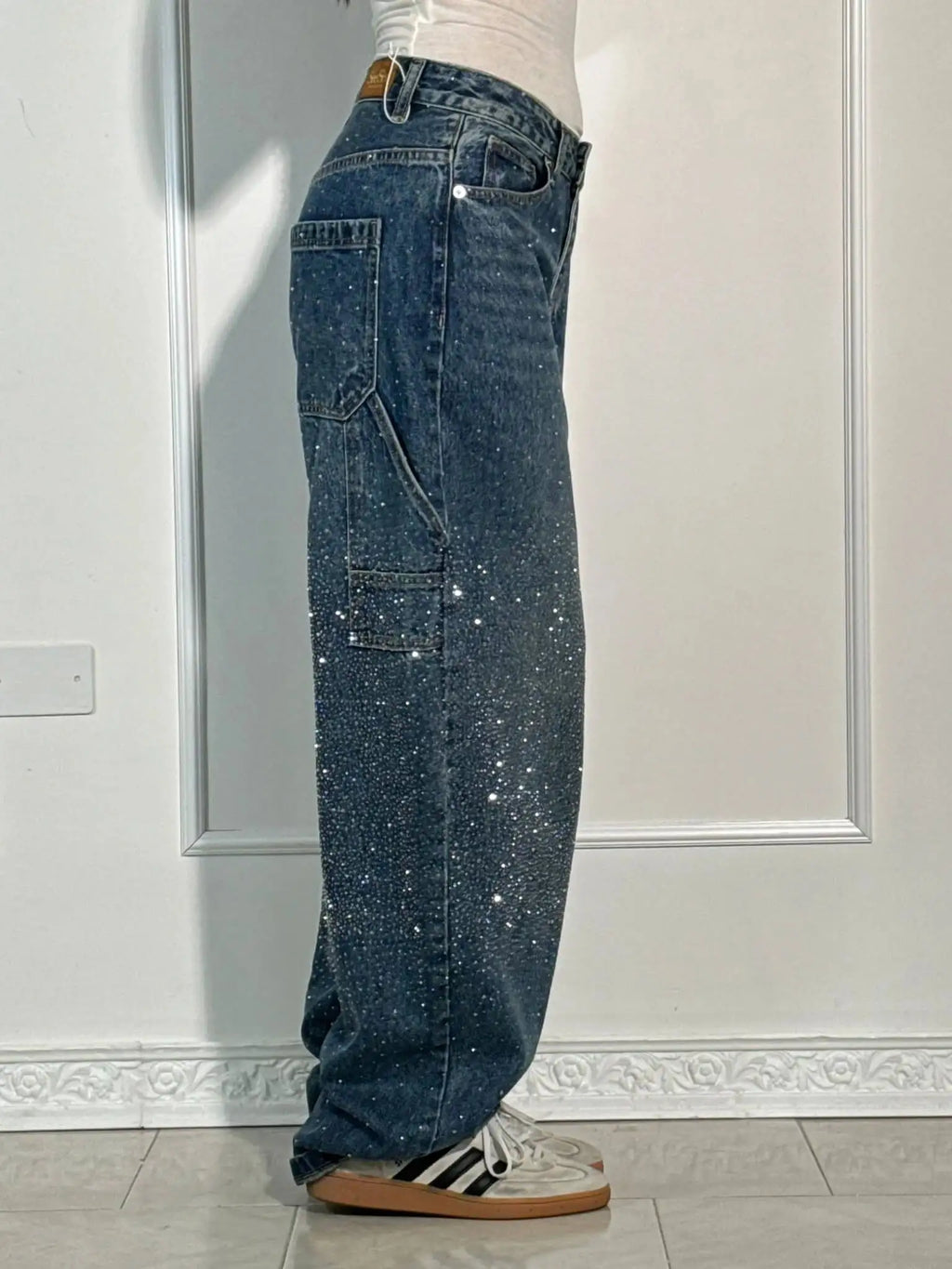 Hip Hop Shine Diamonds Denim Pants Retro Cargo Baggy Jeans Womens Jeans Rock Low Waist Wide Leg Trousers Harajuku Y2K Clothes