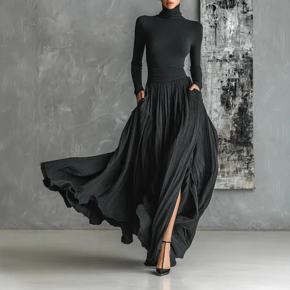 Autumn Long Sleeve Turtleneck Top Pullover+Maxi Skirts 2 Pieces Sets Slim Gentle Style Solid Elegant Suit Fashion Woman Outfits