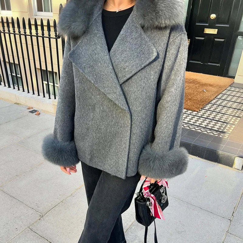 Winter Warm Fur Spliced Woolen Coat Women Loose Lapel Long Sleeve Solid Female Jacket 2025 Autumn New Lady Elegant Outwear