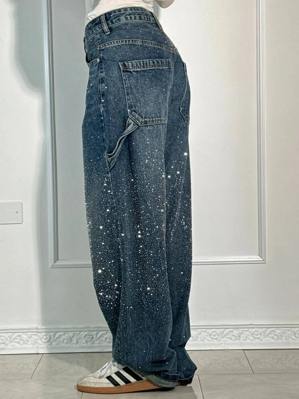 Hip Hop Shine Diamonds Denim Pants Retro Cargo Baggy Jeans Womens Jeans Rock Low Waist Wide Leg Trousers Harajuku Y2K Clothes